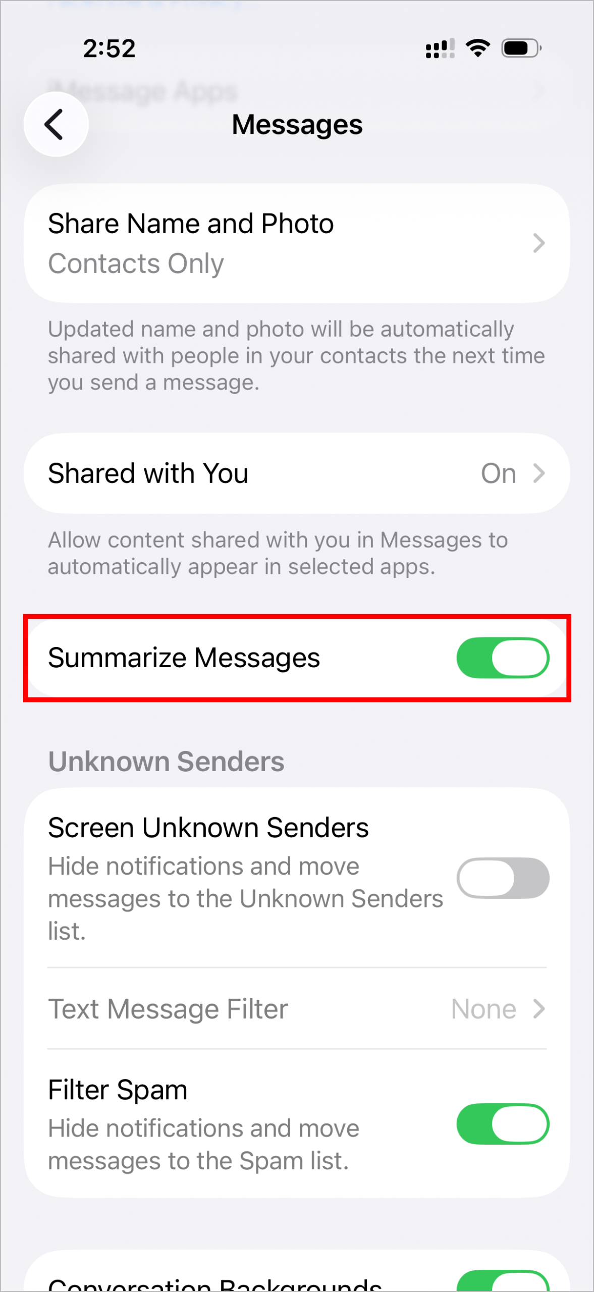 Tắt tóm tắt tin nhắn trong cài đặt Messages trên iPhone