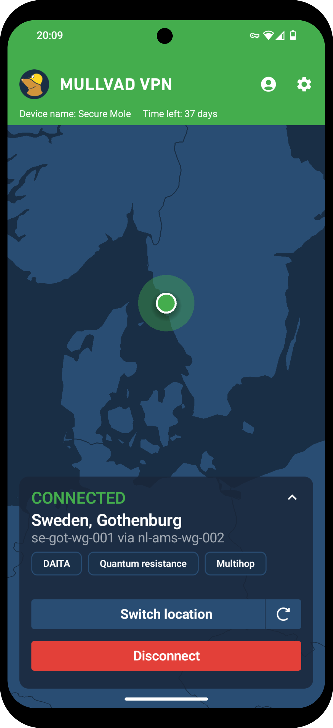 Giao diện ứng dụng Mullvad VPN trên điện thoại Android
