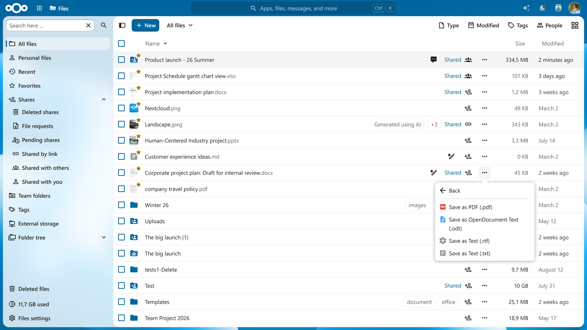 Giao diện tính năng chuyển đổi tệp của Nextcloud