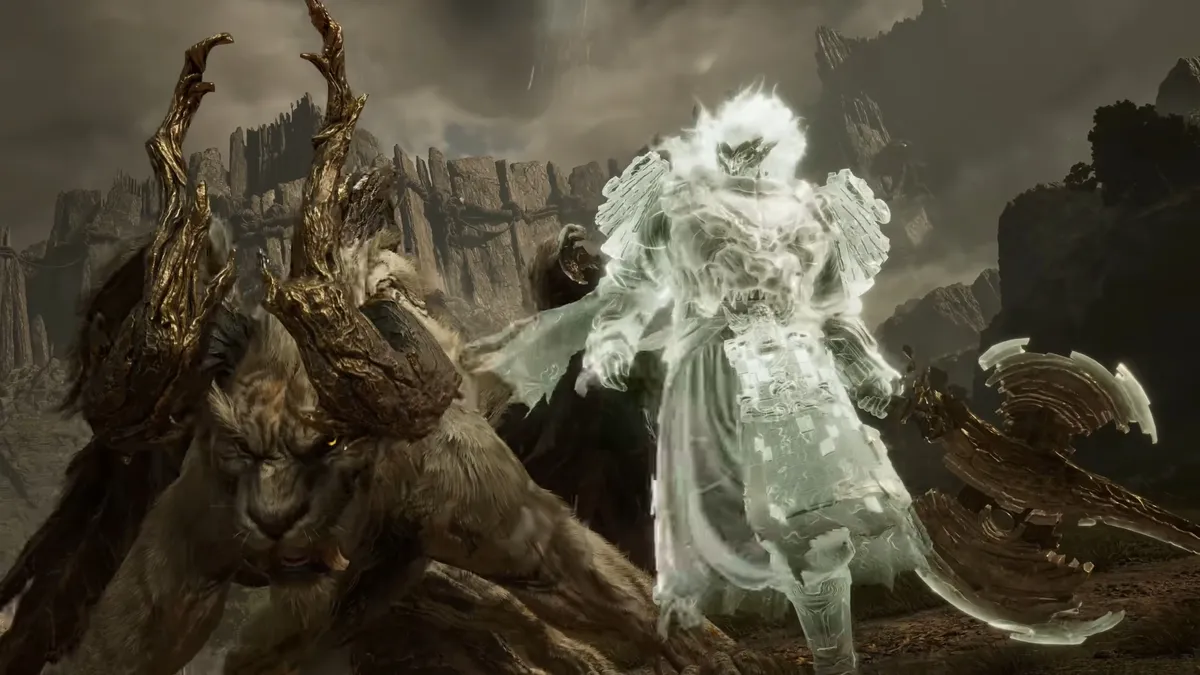 Chiến binh cầm rìu đứng cạnh sinh vật có sừng trong Nodusfall. Ảnh: GamesRadar