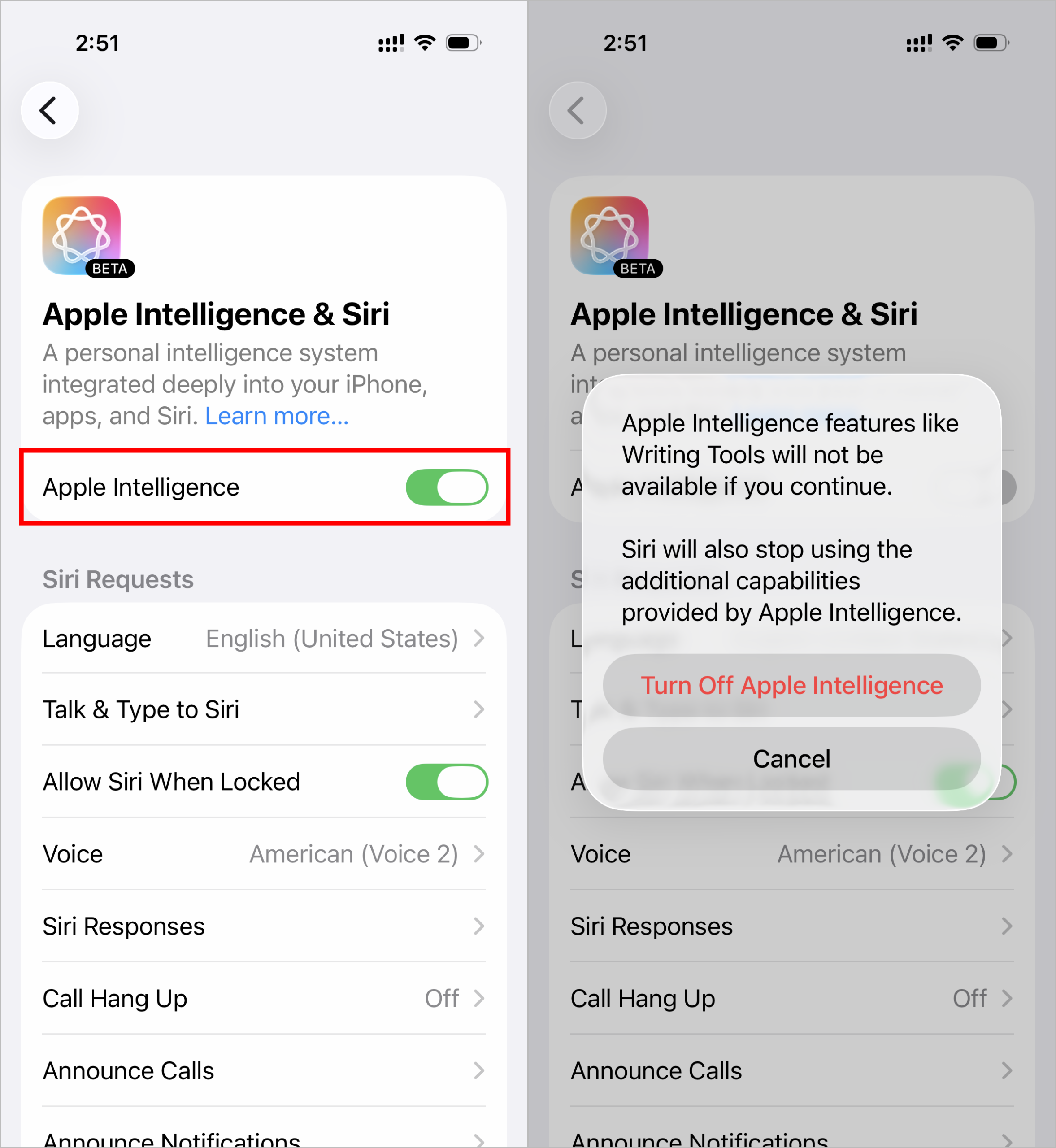 Công tắc tắt toàn bộ Apple Intelligence trong cài đặt iOS trước đây