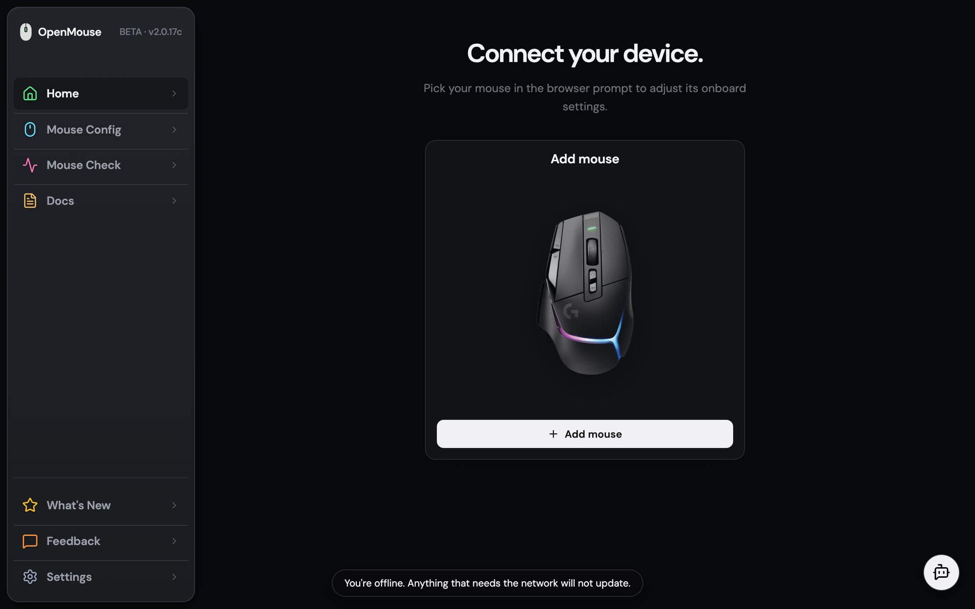 Giao diện kết nối thiết bị của OpenMouse Web Driver trên trình duyệt