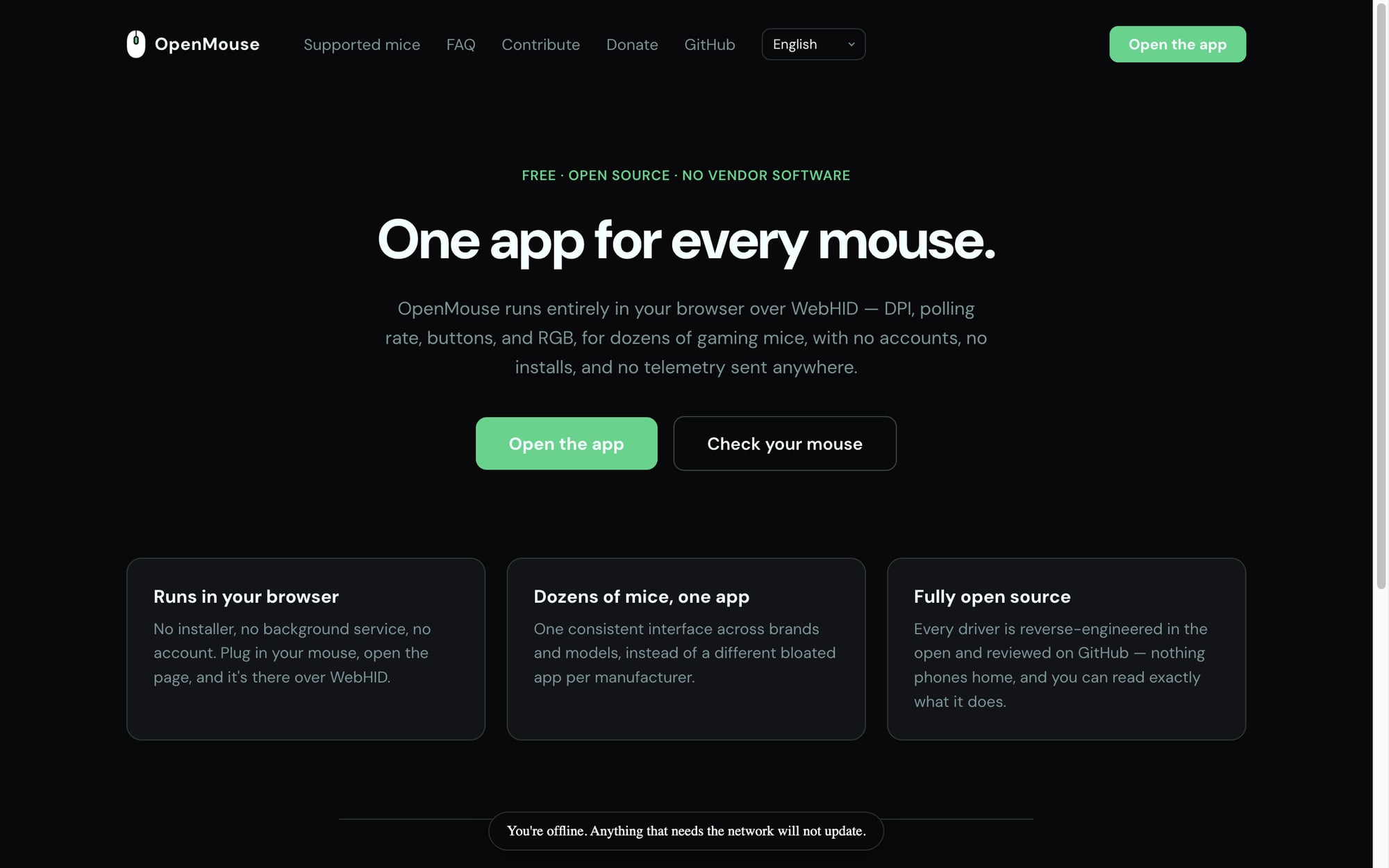 Trang giới thiệu OpenMouse với tiêu chí mã nguồn mở, bảo vệ quyền riêng tư