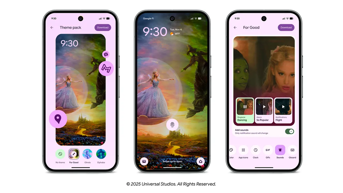 Giao diện tùy biến gói chủ đề Wicked: For Good trên điện thoại Google Pixel