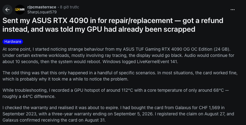 Chia sẻ của chủ sở hữu card RTX 4090 trên cộng đồng Reddit r/pcmasterrace
