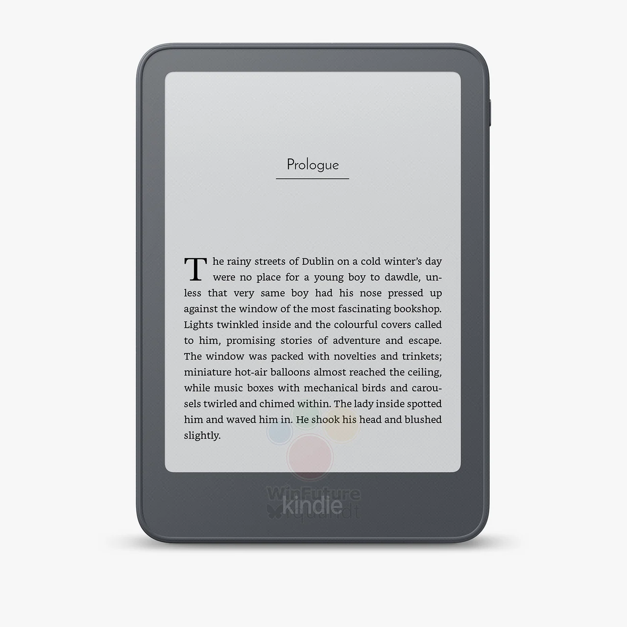 Ảnh rò rỉ mặt trước máy đọc sách Amazon Kindle thế hệ 12 màu đen với góc màn hình bo tròn