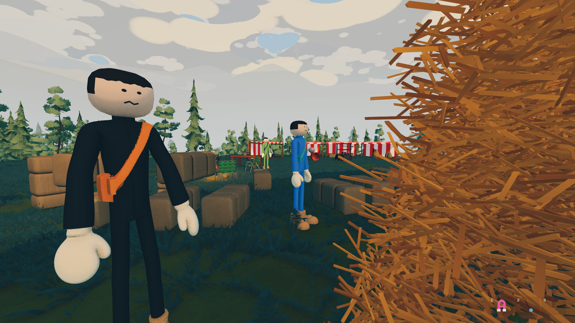 Cảnh người chơi bới đống rơm khổng lồ trong Needle In A Haystack Simulator