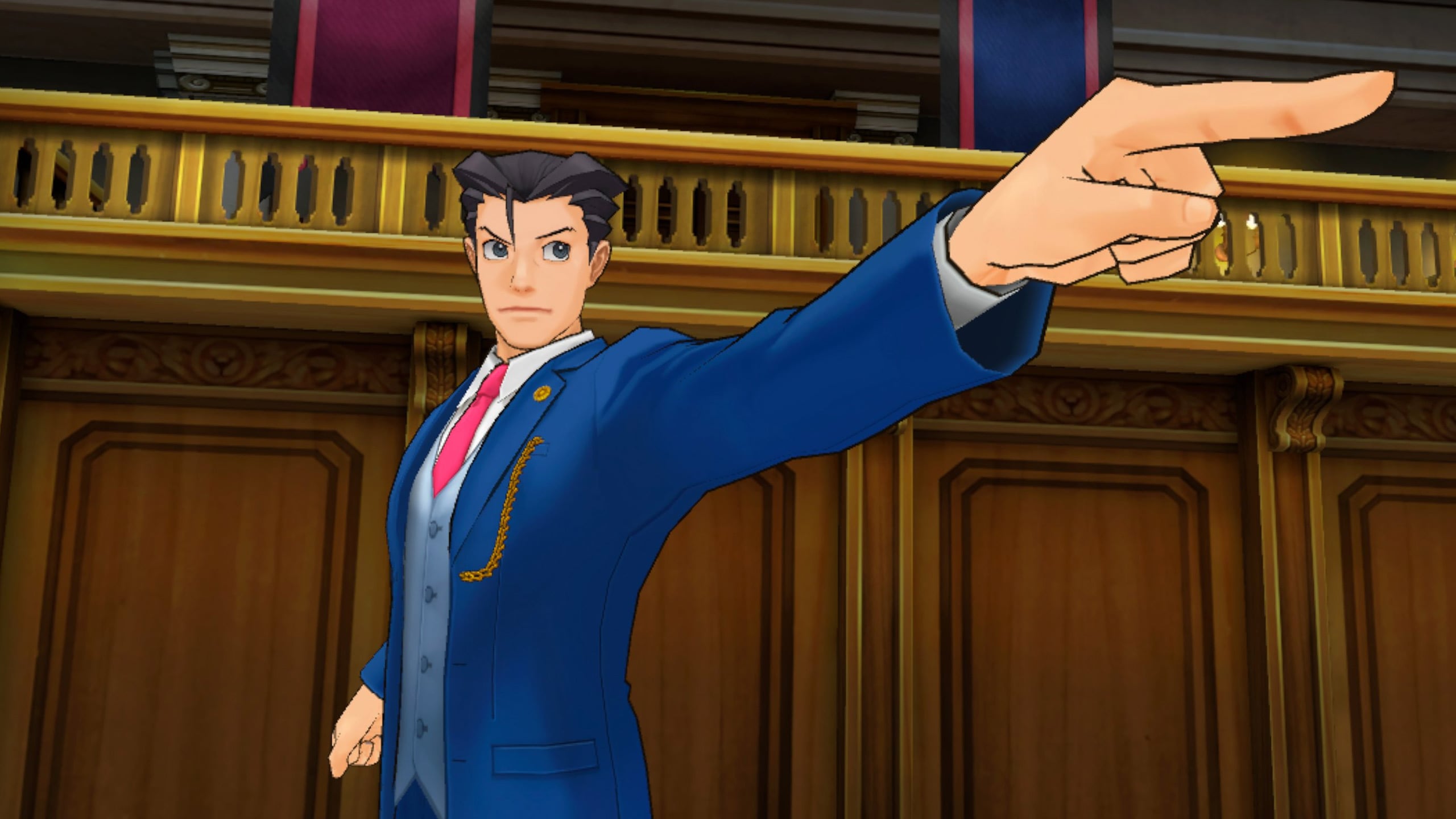Phoenix Wright chỉ tay phản đối tại bàn luật sư trong phòng xử án 3D.
