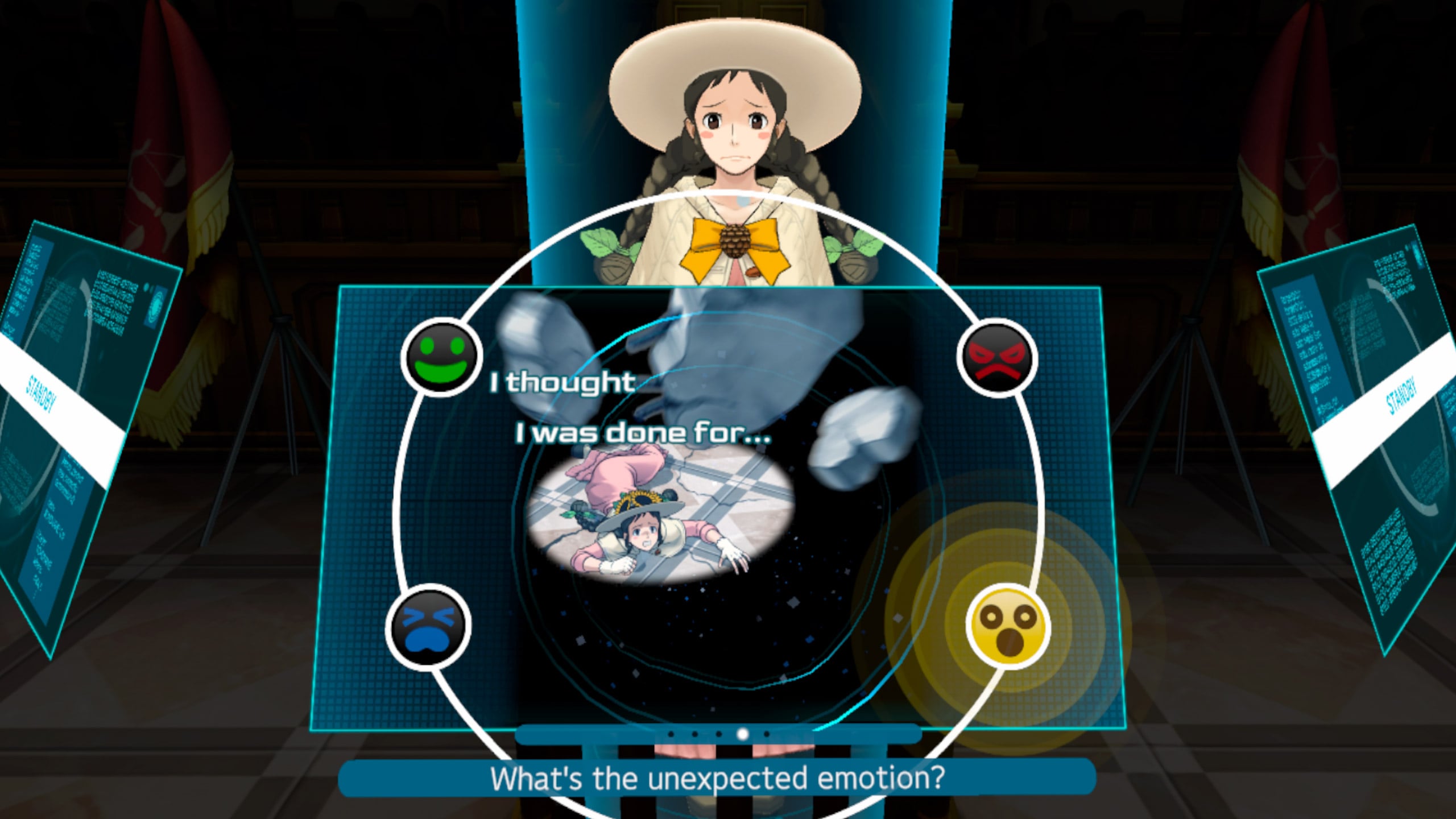 Giao diện Mood Matrix phân tích cảm xúc nhân vật trong Ace Attorney Dual Destinies VR.