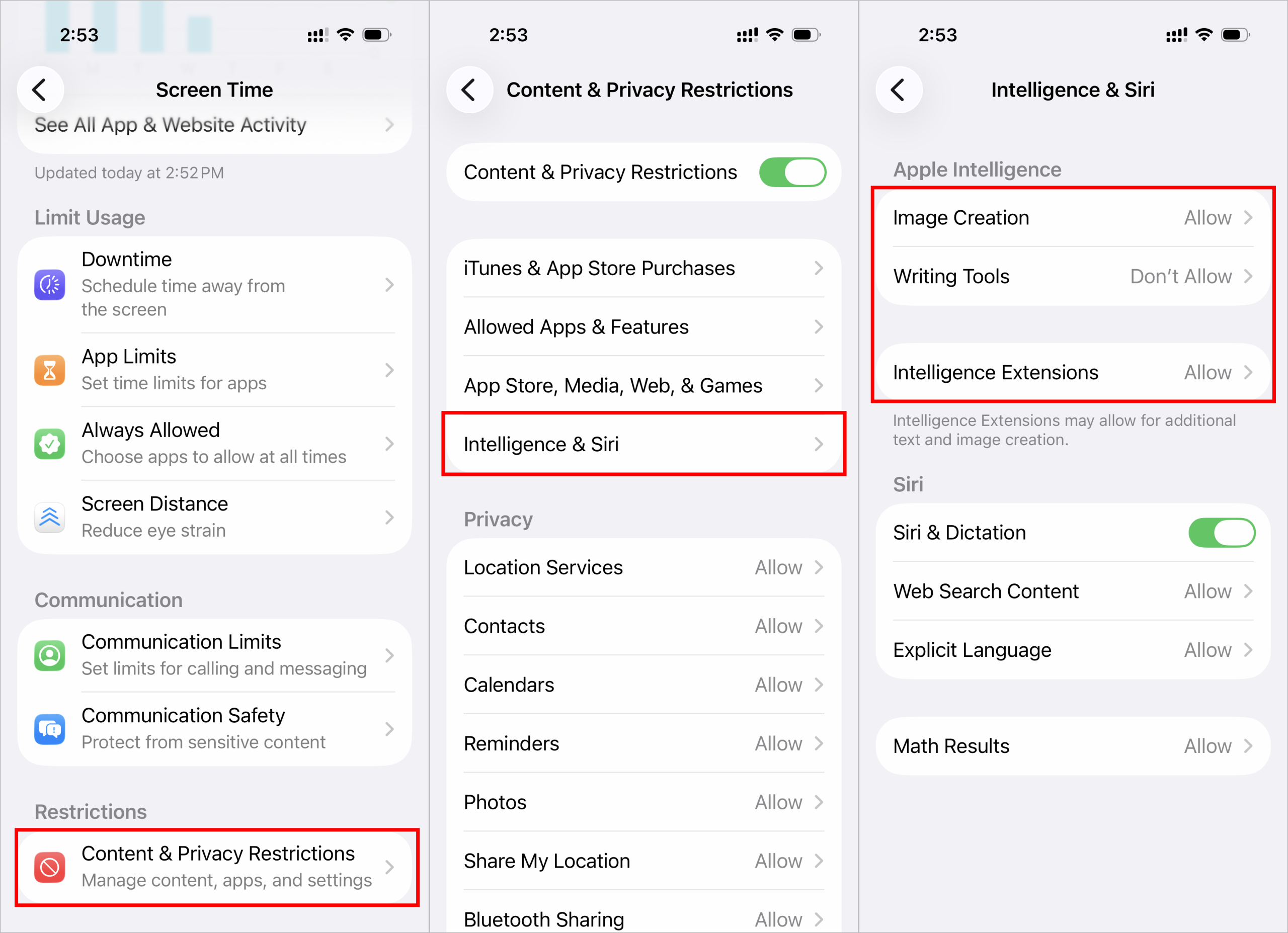 Cài đặt hạn chế các tính năng Apple Intelligence trong Screen Time trên iOS