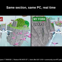 So sánh Astro Bot khoảng 4 FPS trên nhánh KyTyPS5 chính và 26 FPS trên bản fork tại Sky Garden