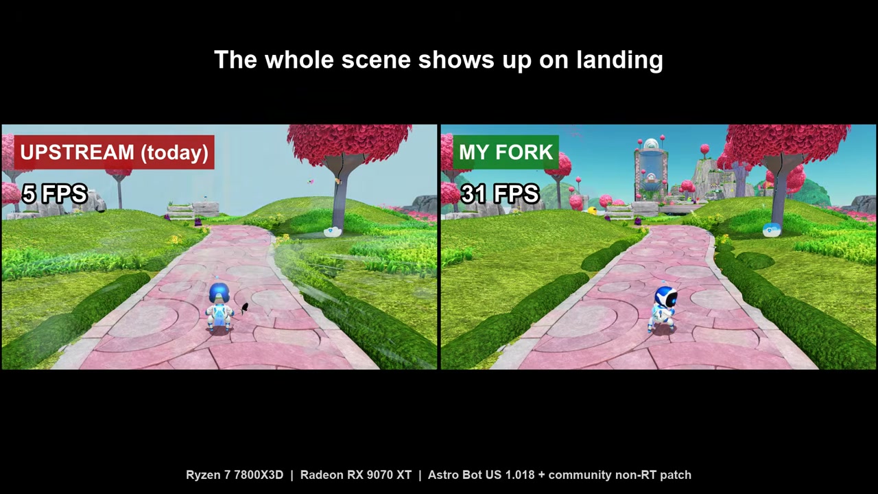 So sánh khu vực Astro Bot sau khi tiếp đất: bản fork dựng đầy đủ cảnh ở khoảng 31 FPS