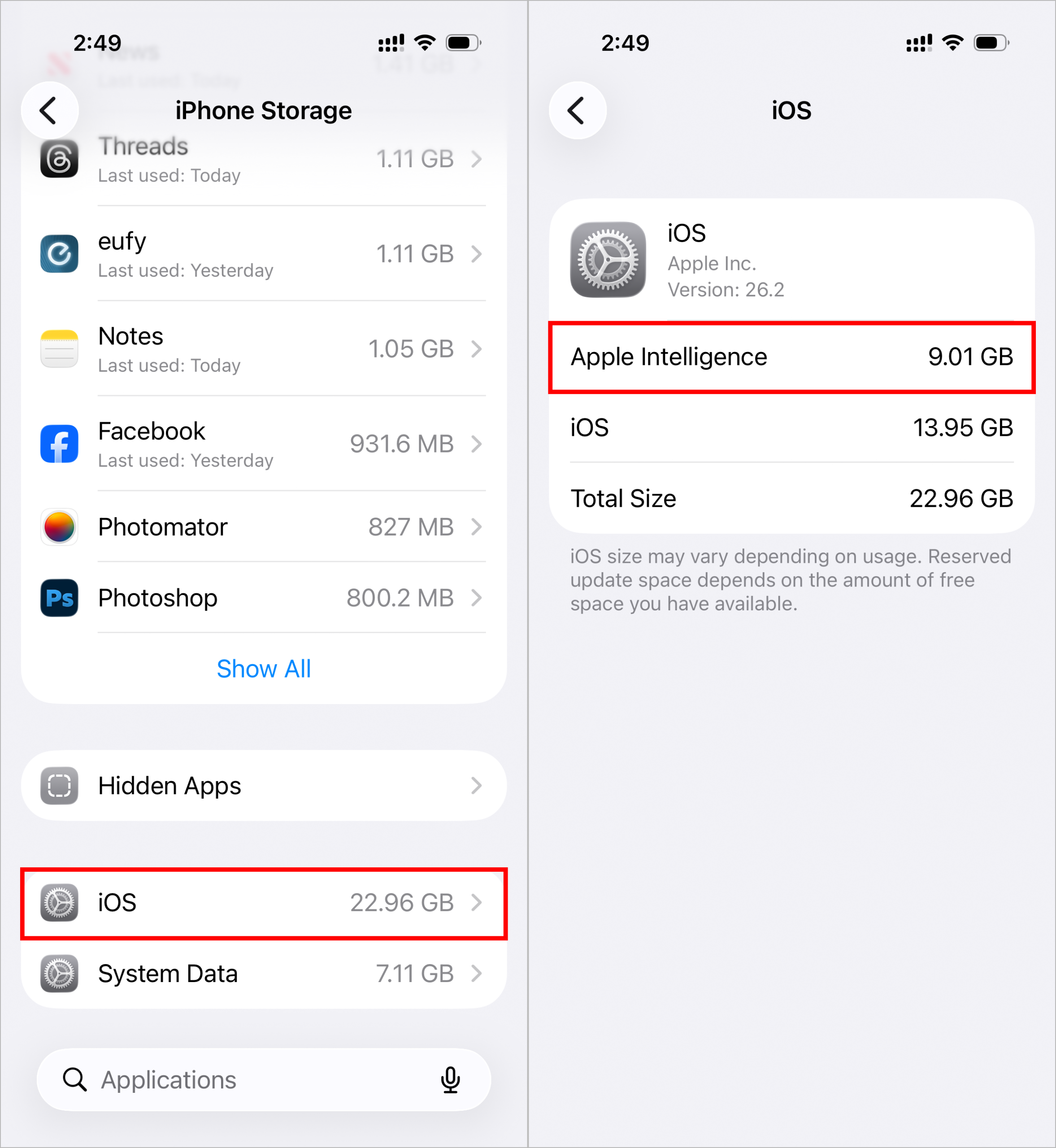 Giao diện kiểm tra dung lượng bộ nhớ Apple Intelligence chiếm dụng trên iPhone