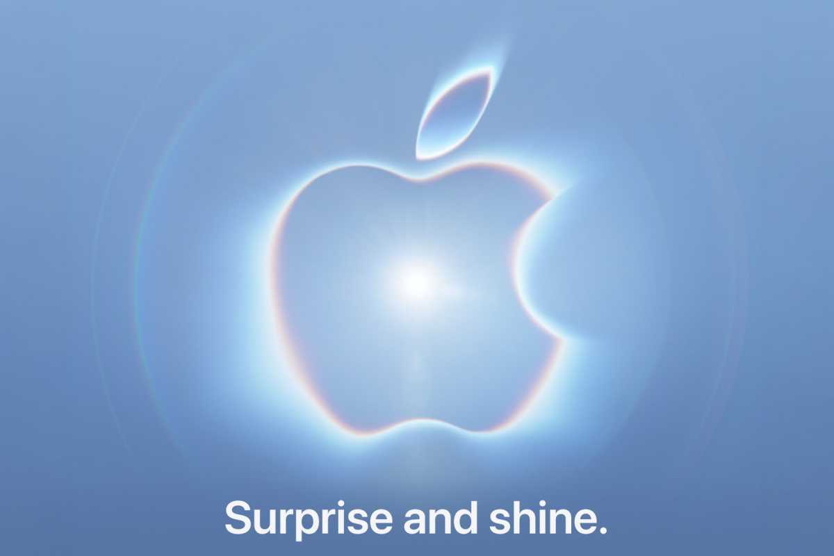 Đồ họa biểu tượng Apple phát sáng cùng dòng chữ Surprise and Shine.