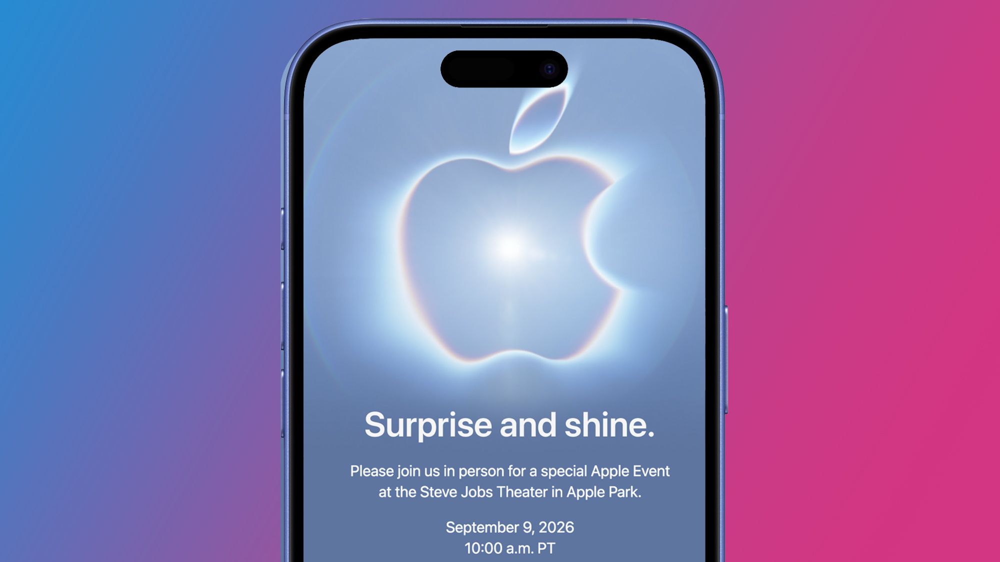Thư mời sự kiện Apple Surprise and Shine hiển thị ngày 9 tháng 9 năm 2026.