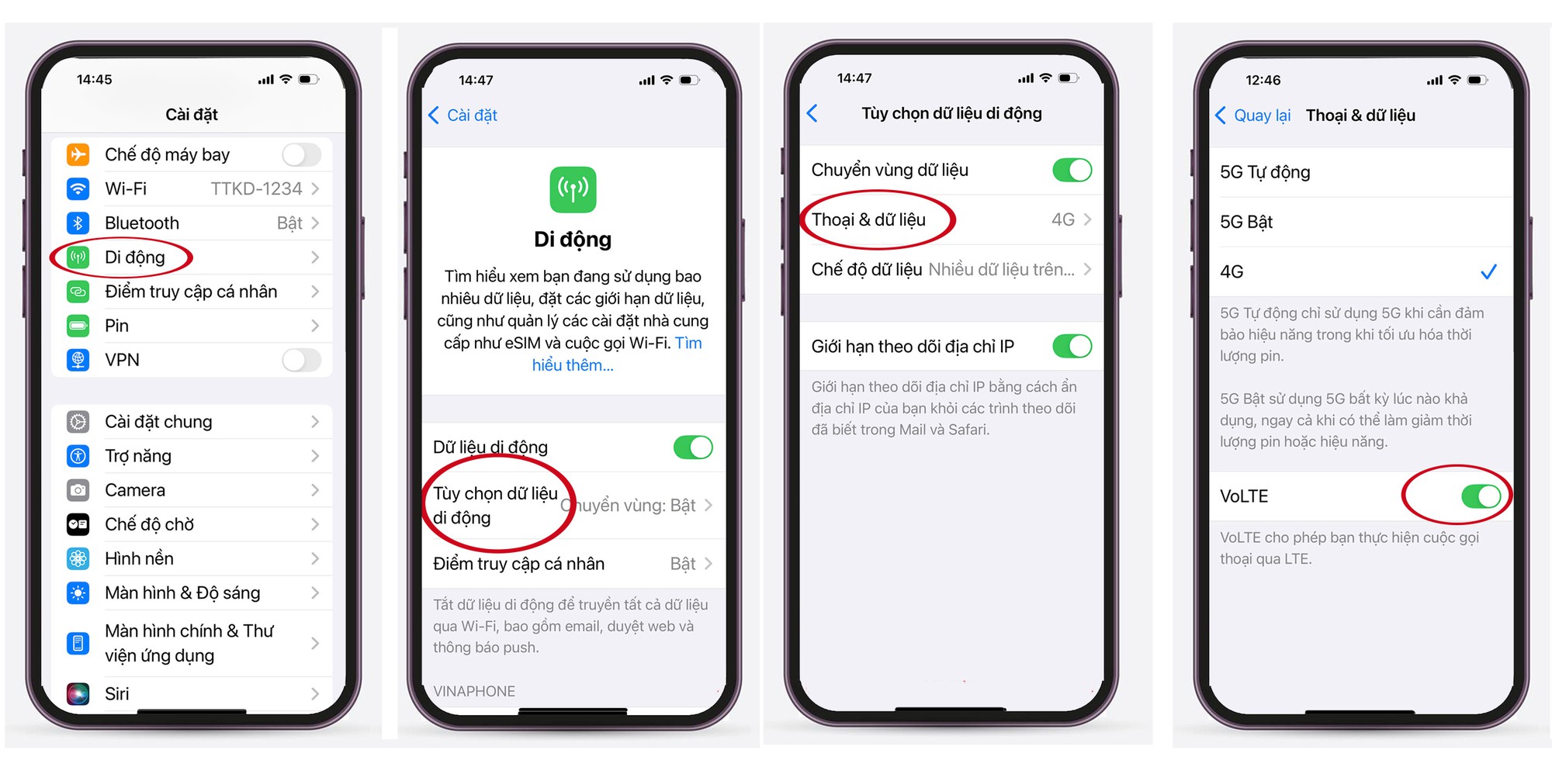 Giao diện kích hoạt VoLTE trên iPhone