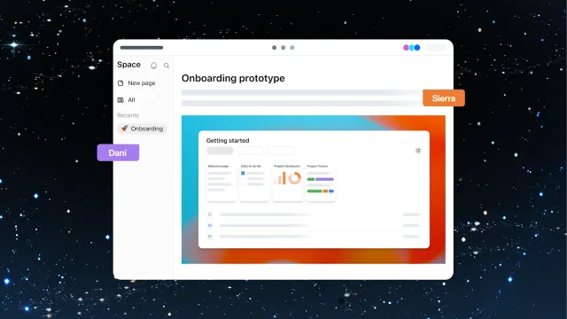 Bản thiết kế onboarding trên Page của Space với con trỏ đồng đội và thanh bên.