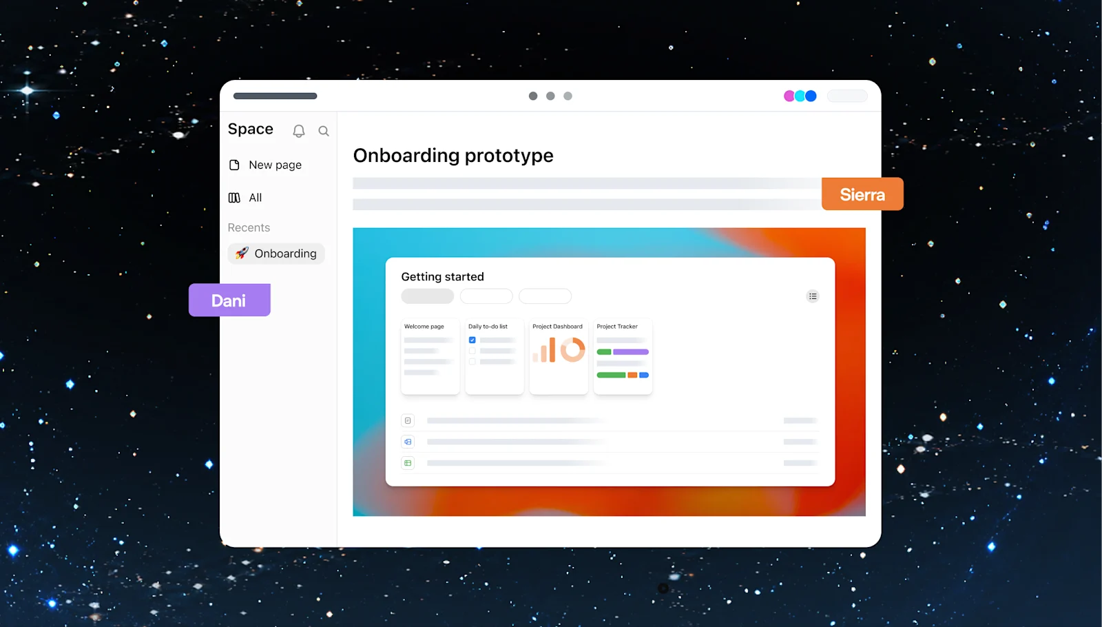 Bản thiết kế onboarding trên Page của Space với con trỏ đồng đội và thanh bên.