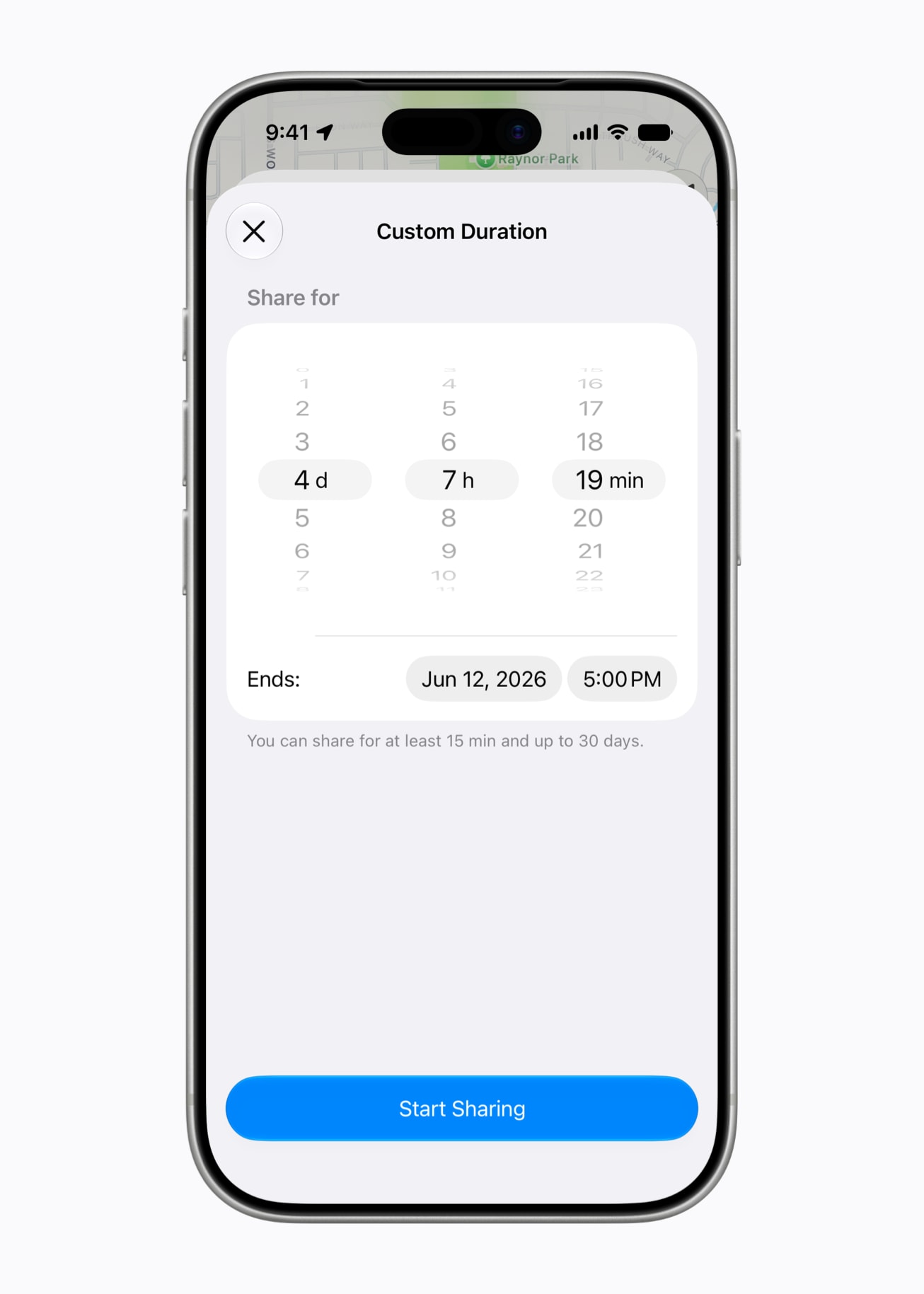 Thời lượng chia sẻ vị trí tùy chỉnh trong Find My
