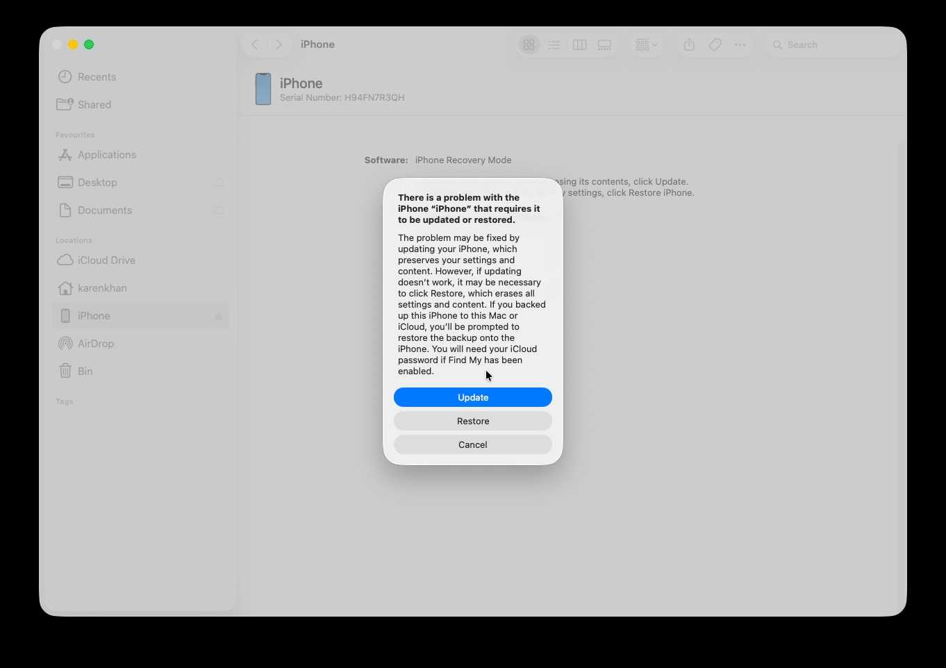 Thông báo yêu cầu Cập nhật (Update) hoặc Khôi phục (Restore) trên máy tính