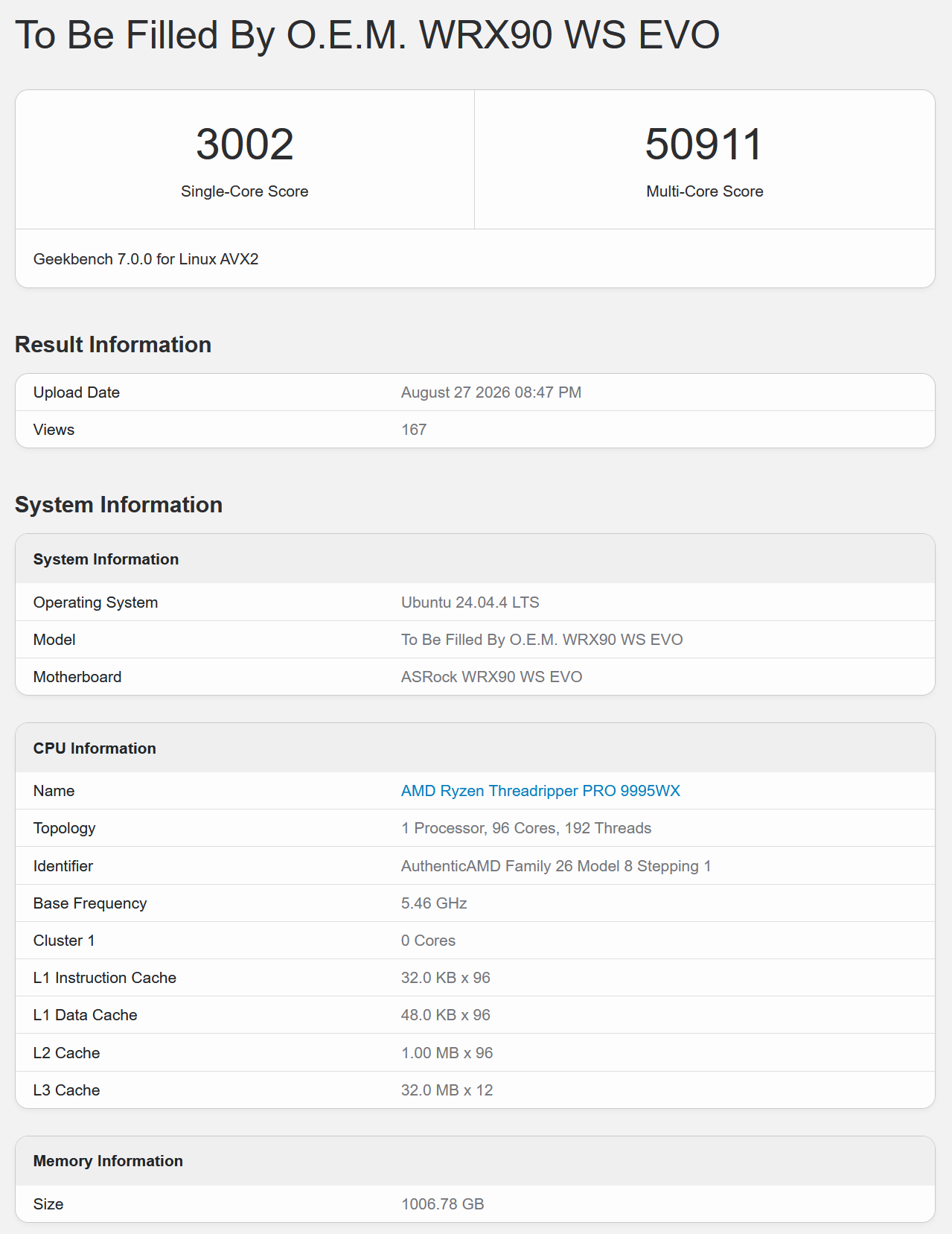 Bảng điểm Geekbench 7 của AMD Ryzen Threadripper Pro 9995WX