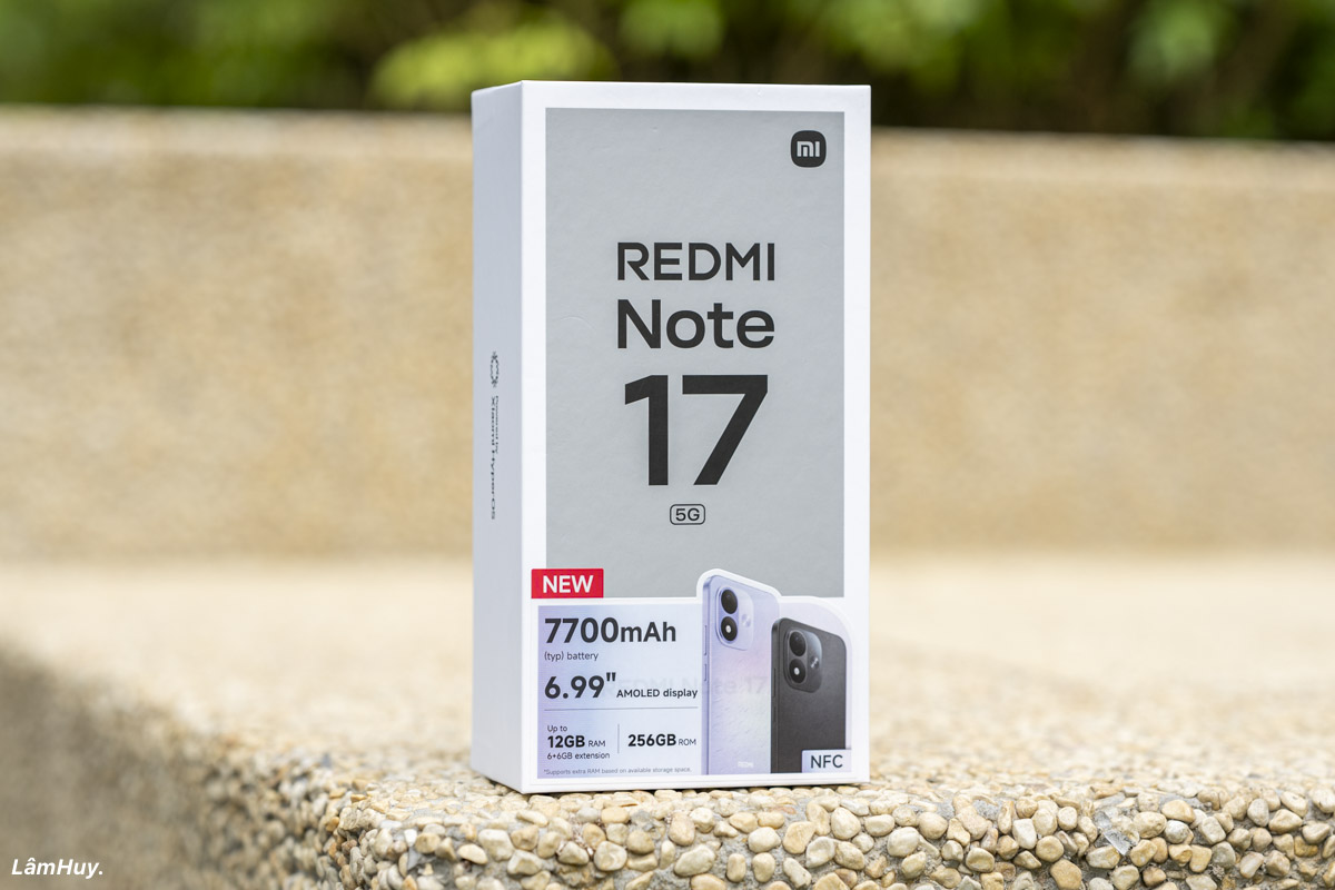 Mặt chính diện hộp REDMI Note 17 5G in nhiều điểm nhấn sản phẩm.