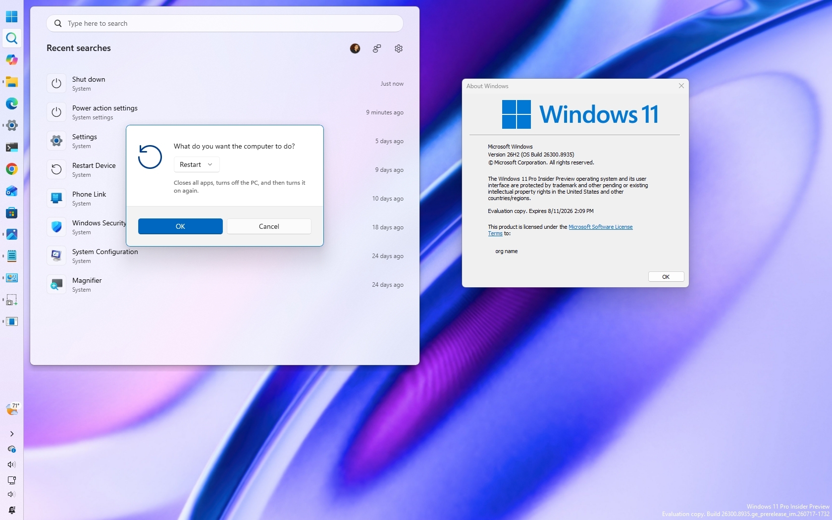 Windows 11 với Taskbar bên trái và cửa sổ About Windows 26H2
