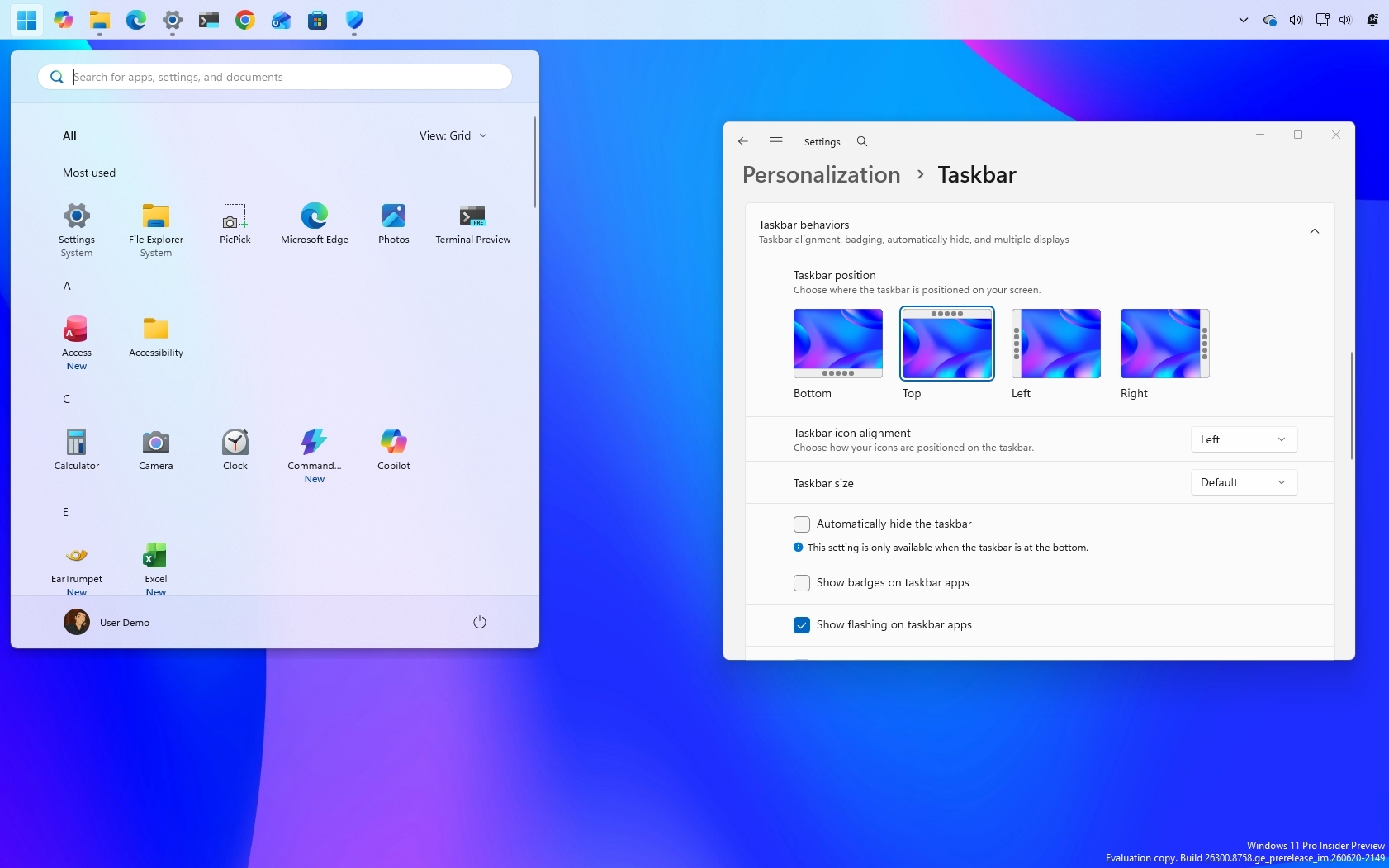 Windows 11 với Taskbar ở cạnh trên và Settings mở