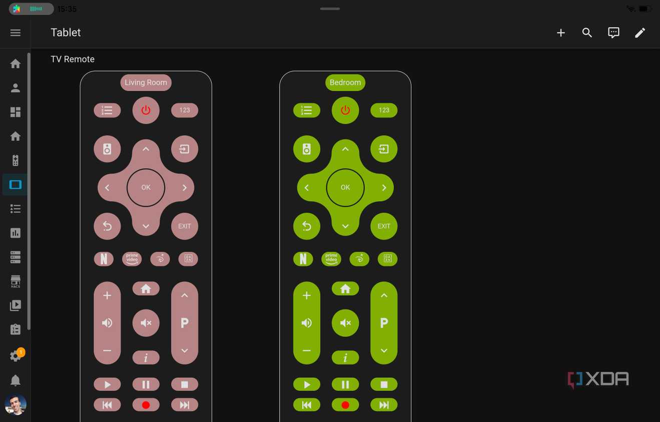 A Home Assistant dashboard with two remote controls for different TVs