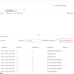 Advanced Hunting chạy truy vấn DeviceEvents và hiển thị kết quả cùng nút Query Details