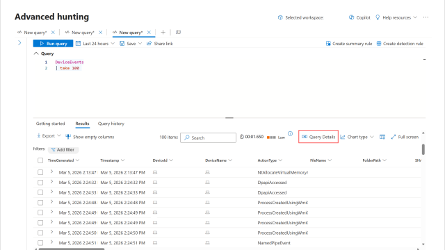 Advanced Hunting chạy truy vấn DeviceEvents và hiển thị kết quả cùng nút Query Details