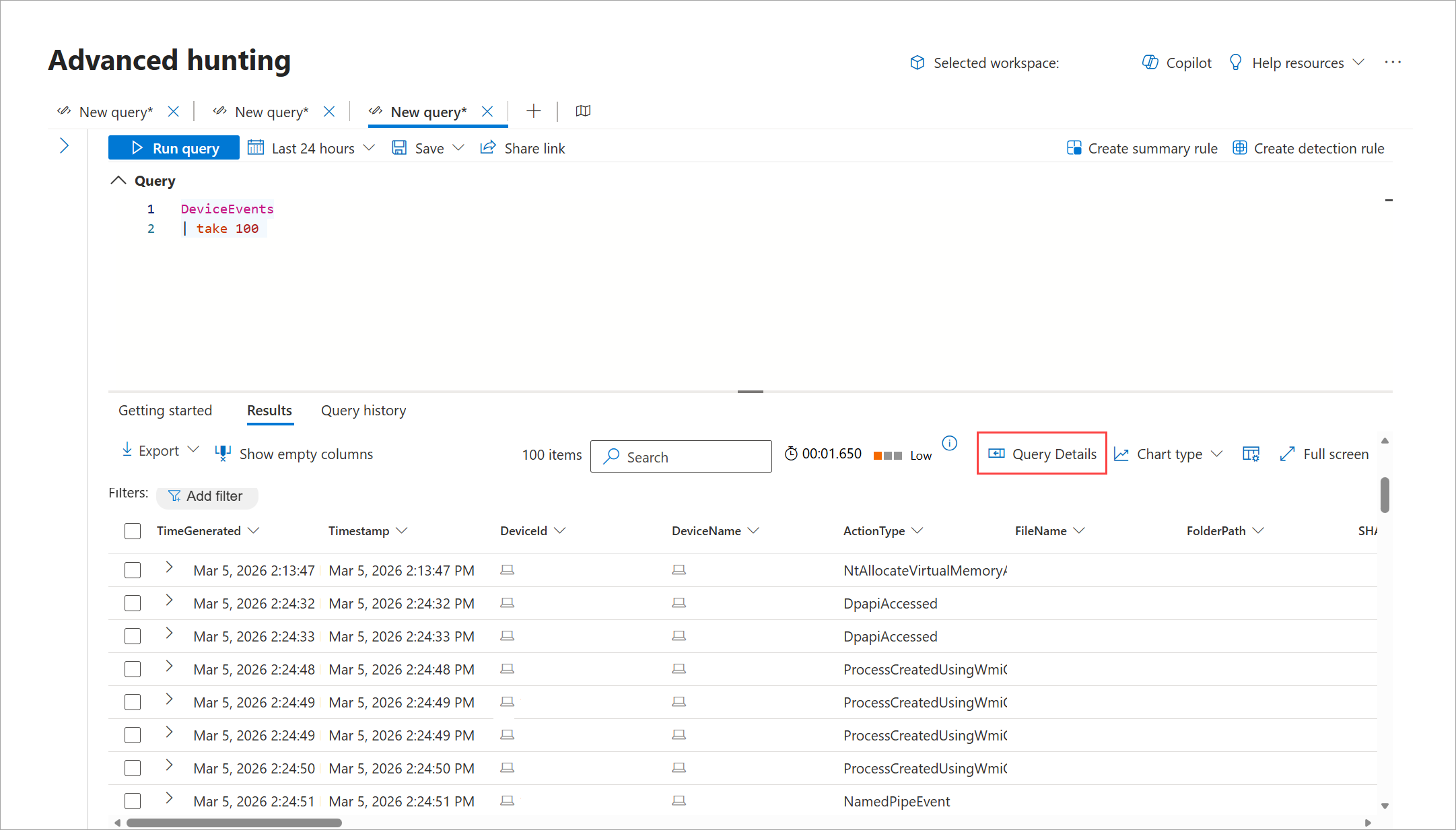 Advanced Hunting chạy truy vấn DeviceEvents và hiển thị kết quả cùng nút Query Details