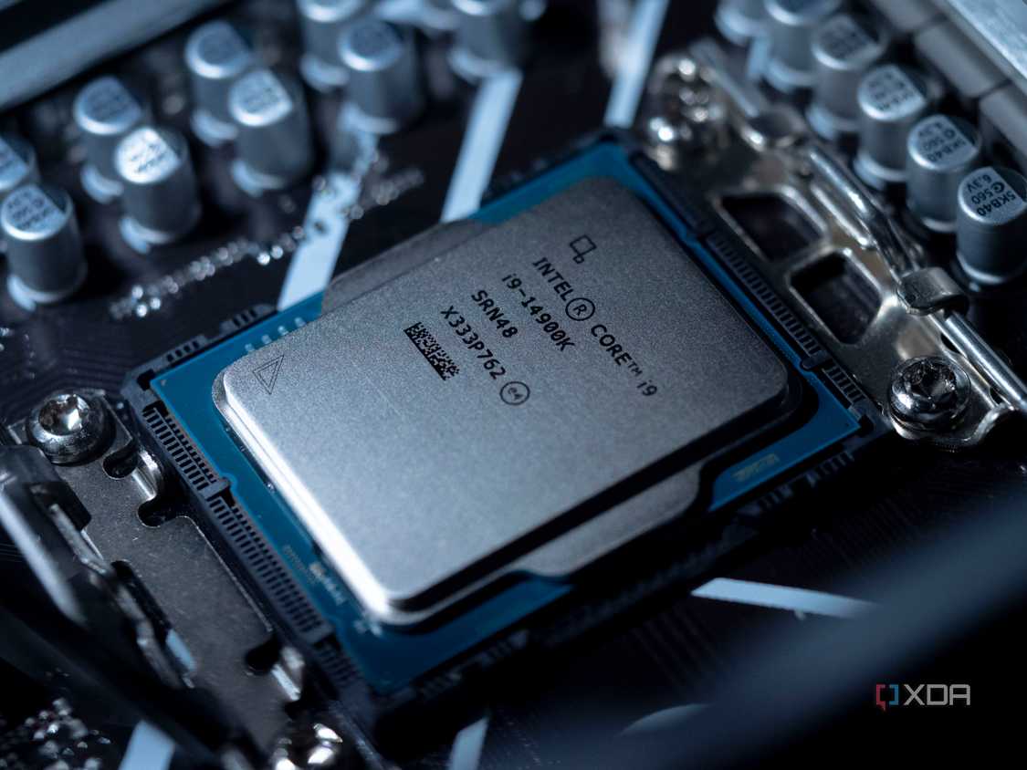 An image of Intel Core i9 14900K in a CPU socket on a motherboard