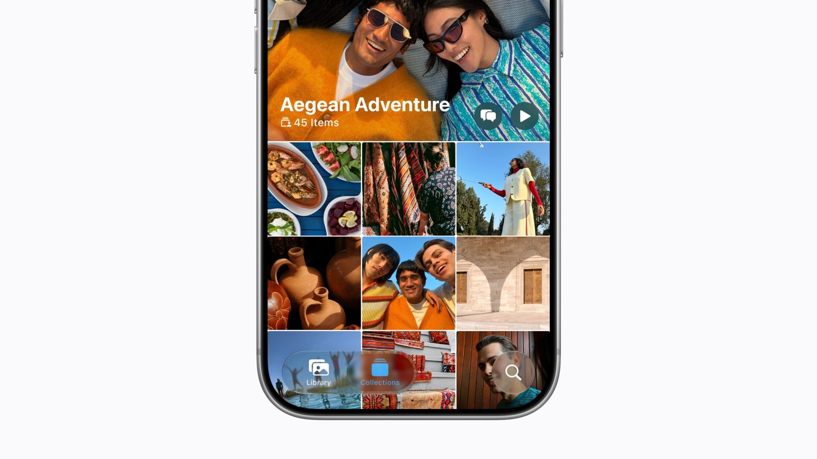 An iPhone showing a Shared Album called Aegean Adventure with 45 items, a grid of holiday photos of food, pottery and a couple taking a selfie