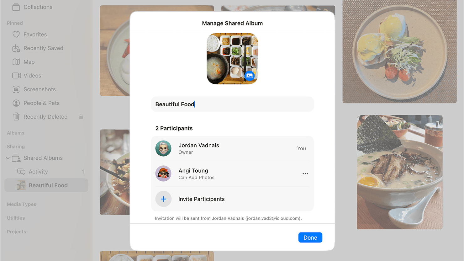 Apple's Photos app shows the controls for inviting Shared Album participants