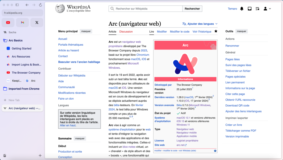 Arc hiển thị trang web trong Split View