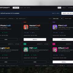 ArtCraft Launcher on a Mac showing PhotoCraft, PdfCraft and other open-source Adobe alternatives