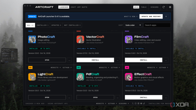 ArtCraft Launcher on a Mac showing PhotoCraft, PdfCraft and other open-source Adobe alternatives