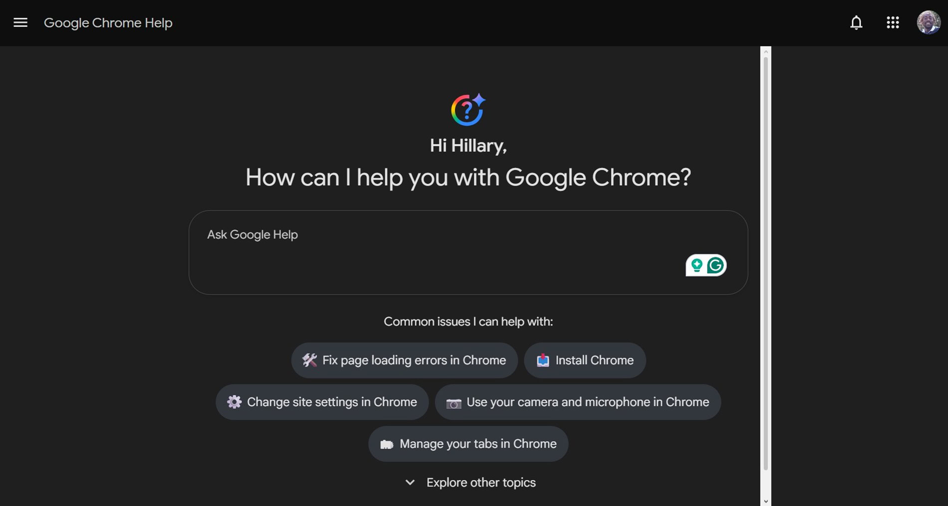 Ask Google Help trên trang trợ giúp Chrome