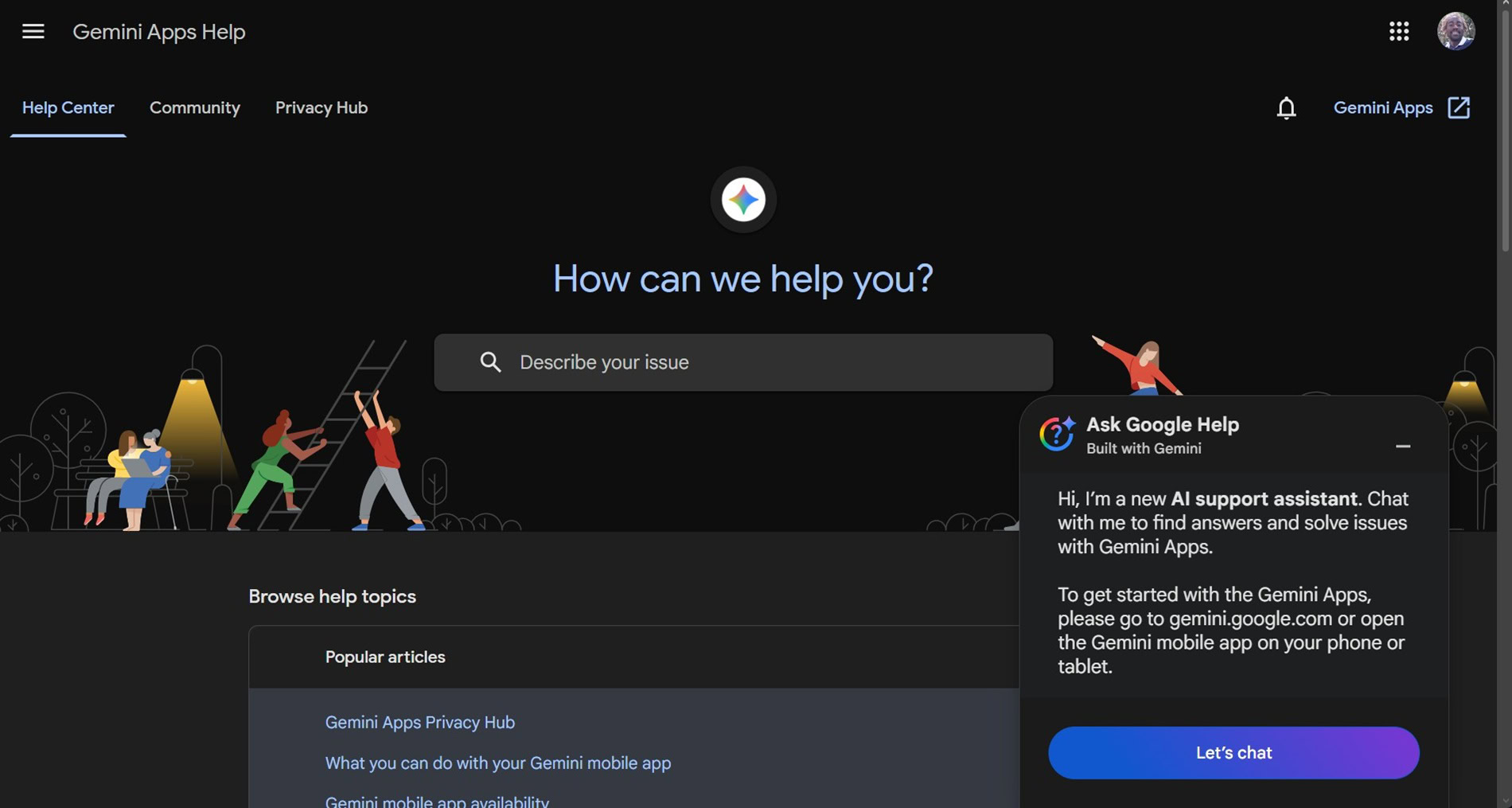 Ask Google Help trên trung tâm trợ giúp Gemini Apps