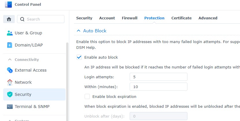 Auto Block được bật với các ngưỡng số lượt thử sai