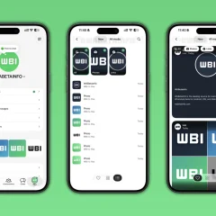 Ba màn hình iPhone minh họa Media Hub trong WhatsApp: cài đặt, danh sách nội dung và chế độ lưới.