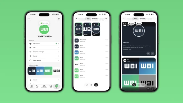 Ba màn hình iPhone minh họa Media Hub trong WhatsApp: cài đặt, danh sách nội dung và chế độ lưới.