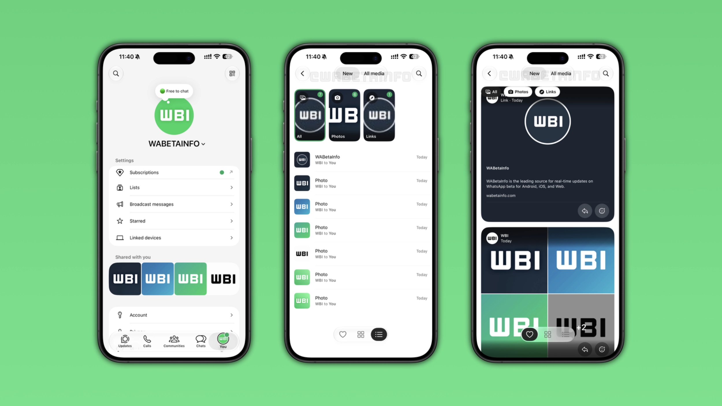 Ba màn hình iPhone minh họa Media Hub trong WhatsApp: cài đặt, danh sách nội dung và chế độ lưới.
