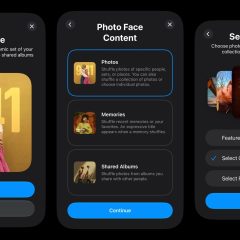 Ba màn hình thiết lập Photo Face với lựa chọn Photos, Memories, Shared Albums và chọn ảnh