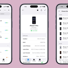 Ba màn hình ứng dụng Hoardware trên iPhone: danh sách thiết bị Apple yêu thích, chi tiết iPhone 17 Pro với phiên bản iOS và build, và danh sách chọn thiết bị