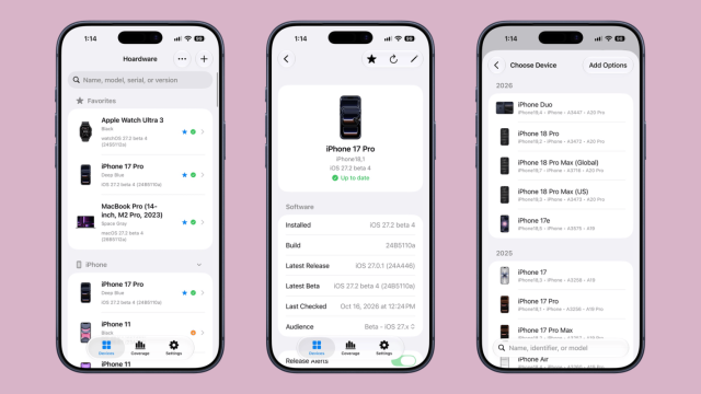 Ba màn hình ứng dụng Hoardware trên iPhone: danh sách thiết bị Apple yêu thích, chi tiết iPhone 17 Pro với phiên bản iOS và build, và danh sách chọn thiết bị