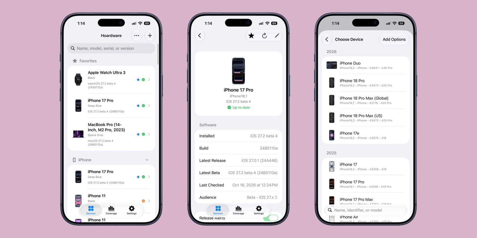 Ba màn hình ứng dụng Hoardware trên iPhone: danh sách thiết bị Apple yêu thích, chi tiết iPhone 17 Pro với phiên bản iOS và build, và danh sách chọn thiết bị