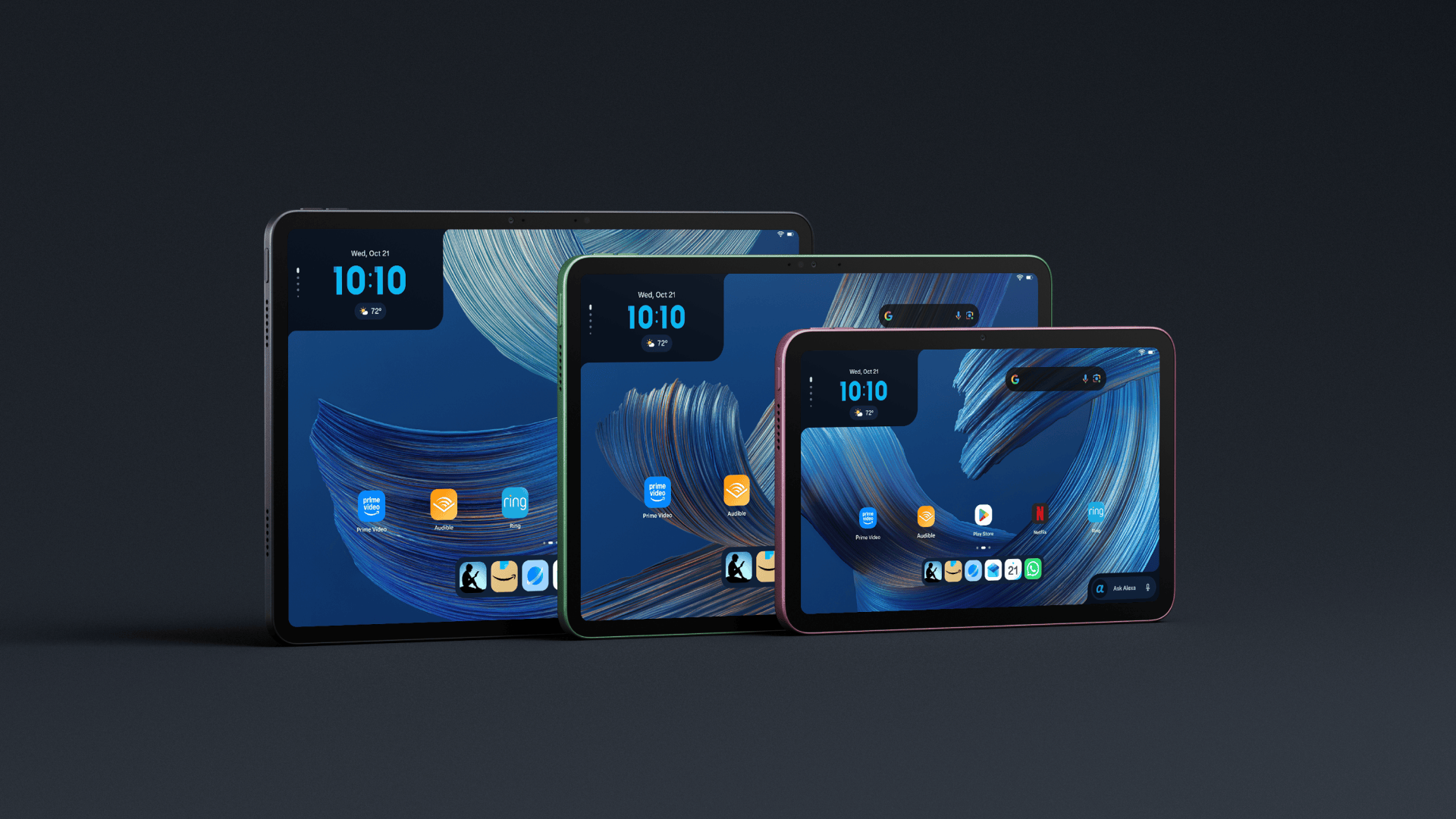 Ba mẫu Amazon Alexa Tablet gồm bản 8, 11 và 12 Pro xếp cạnh nhau.