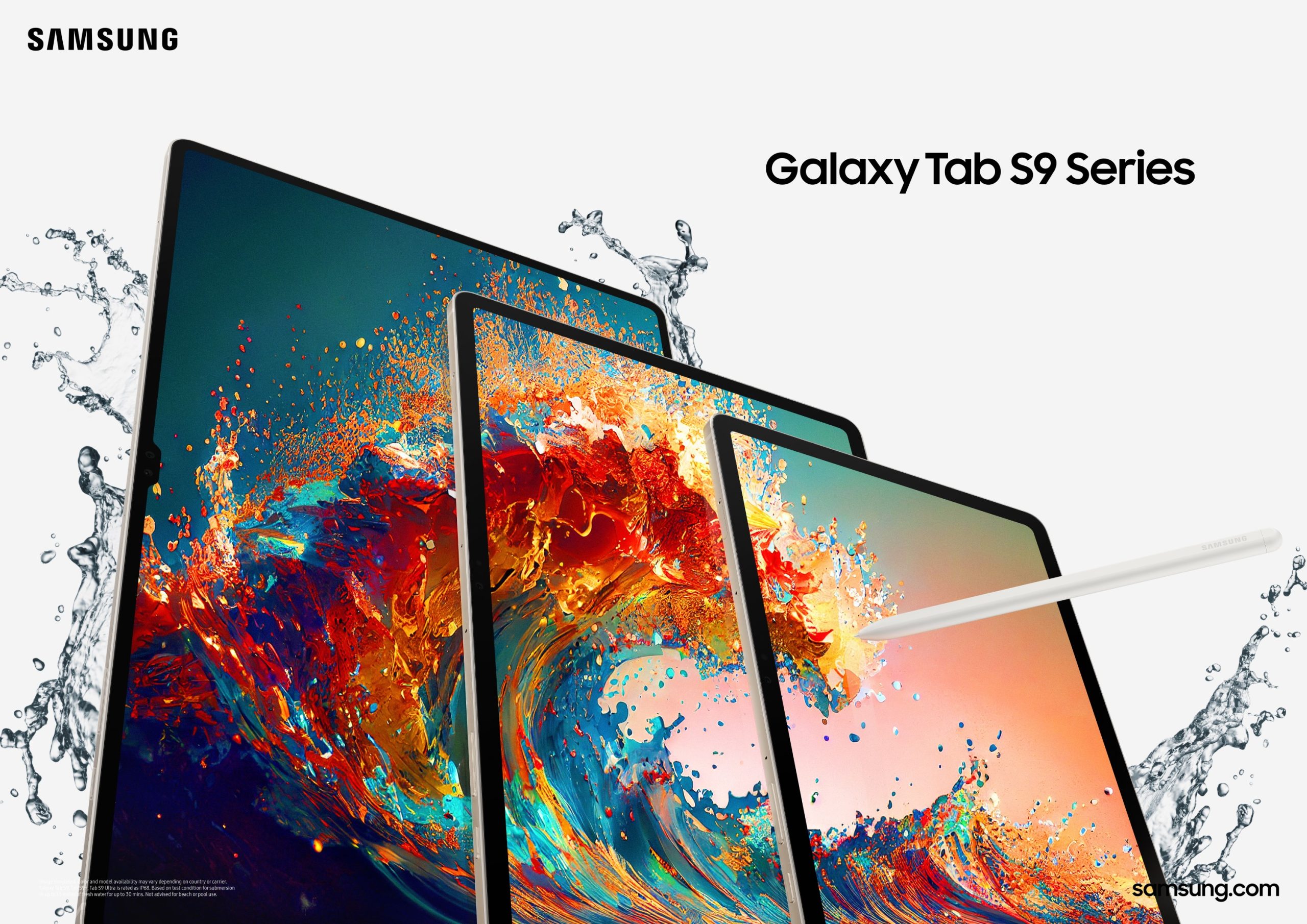 Ba máy tính bảng Galaxy Tab S9 series xếp chồng, màn hình hiển thị hình sóng màu sắc